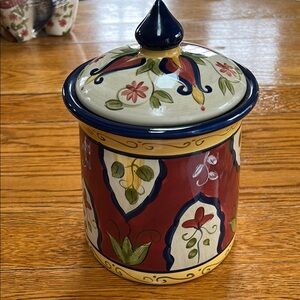 Pier 1 Earthenware canister with lid in Vallarta pattern. Excellent condition.